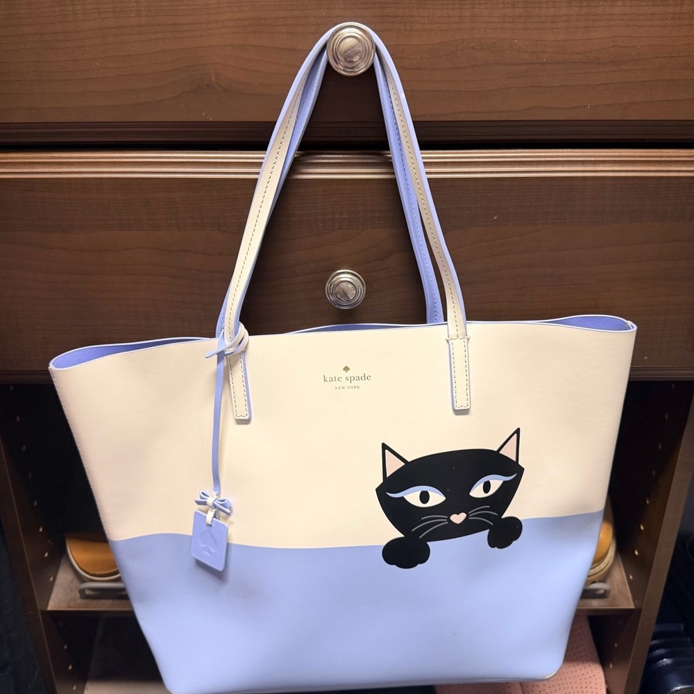 Kate Spade Black and Cream Cat Tote with Lavender Accents